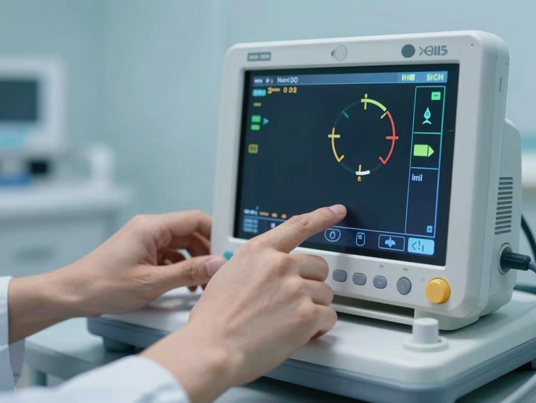Close-up of hands adjusting a digital telemetry monitor in a clean clinical environment, soft blue lighting