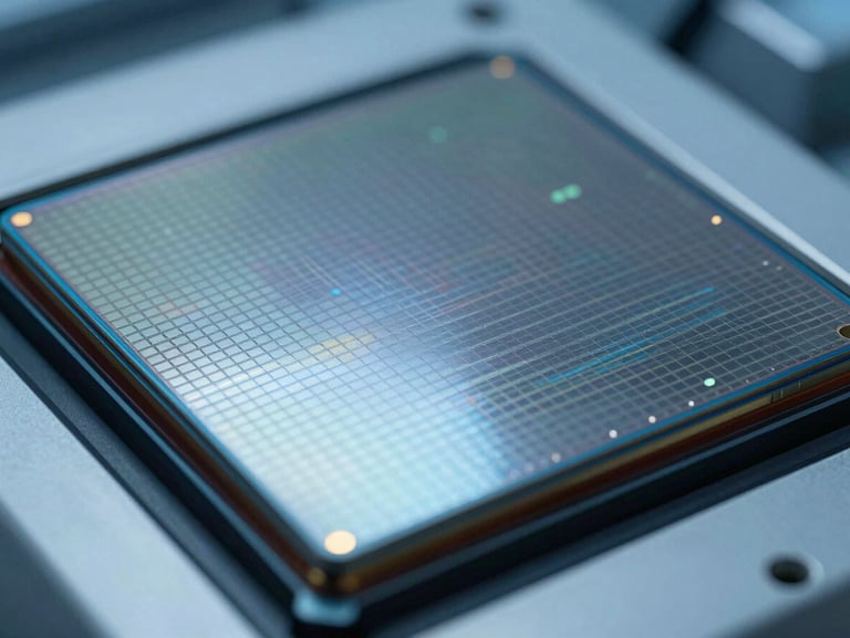 Extreme close-up of a high-precision silicon wafer under clean-room laboratory lighting, technical details, cool blue tones.
