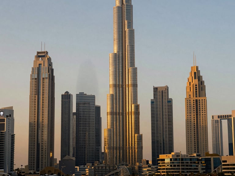 Stunning architectural lines of Dubai financial district at dusk, warm golden light, professional editorial style, 35mm