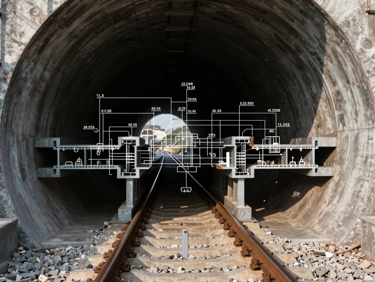 Detailed engineering schematic of a railway tunnel cross-section, high-contrast lines, technical data overlay, sharp industrial focus