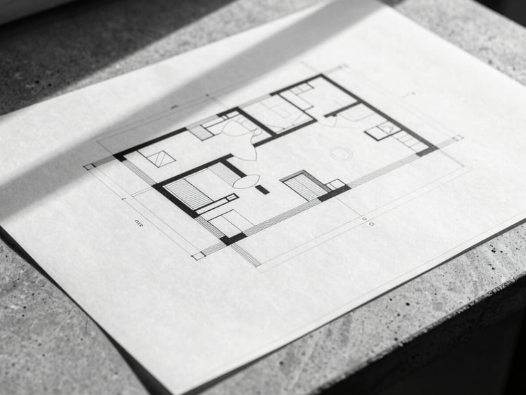 Close-up of a structured architectural blueprint on a concrete table, high contrast, sharp natural light, black and white.