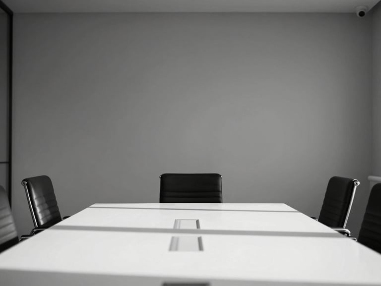 Minimalist corporate boardroom with clean lines, empty chairs, sharp shadows, black and white architectural photography.