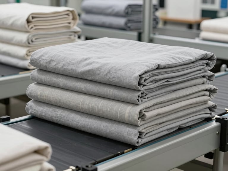 Neatly stacked and packaged premium bamboo fiber bedding sets on automated conveyor belt in a modern textile facility, bright neutral studio light, slate tones