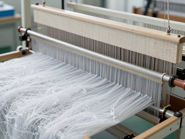 Detailed shot of a digital loom weaving high-density cooling ice silk fabric in a clean modern Nantong factory, bright neutral daylight, sharp focus