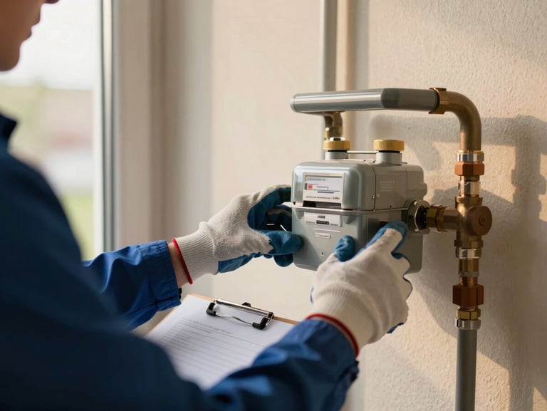 Close-up of a technician's hands in work gloves checking a residential gas meter mounted on a cream-painted exterior wall, warm afternoon window light from the left, a clipboard resting on a forearm, shallow depth of field