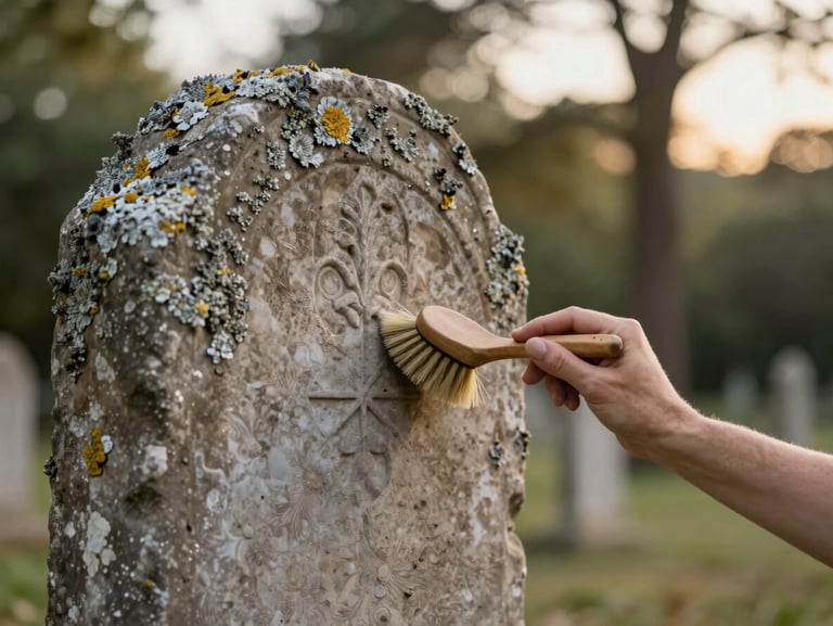A volunteer carefully brushing lichen off an ancient sandstone grave marker using a soft-bristled brush, golden hour light filtering through trees