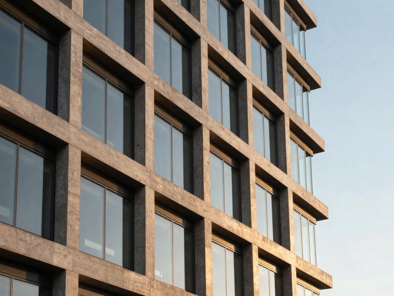 Architectural detail of a modern corporate headquarters in Paris, concrete and glass, warm golden hour sunlight, minimalist lines