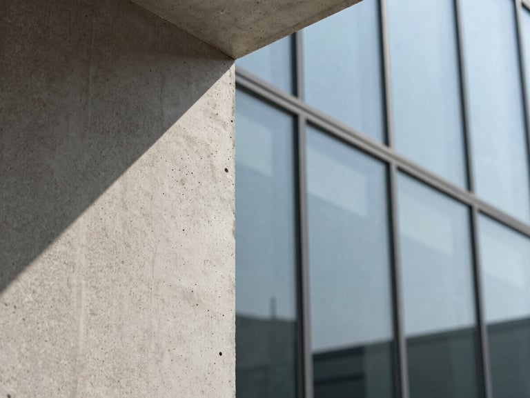 Extreme close-up of raw textured concrete meeting a clean glass facade, sharp diagonal shadows under hard sunlight