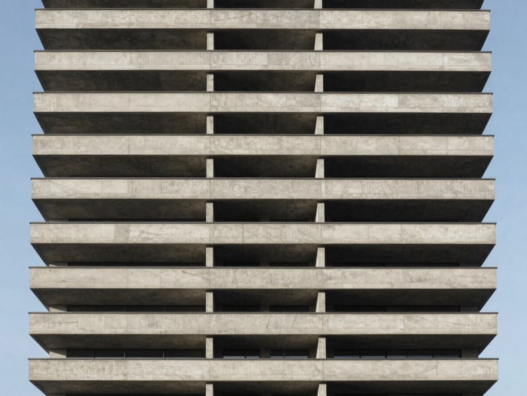 Minimalist modern residential tower facade, repetitive concrete balconies, sharp shadows, clear sky.