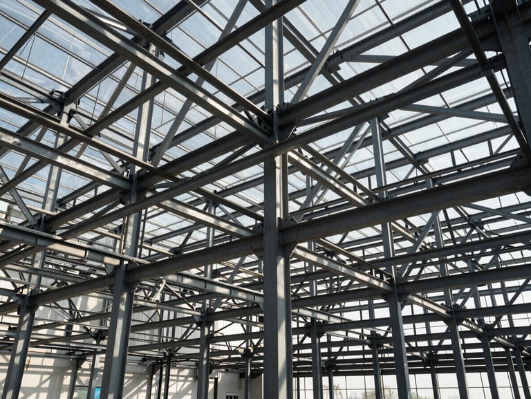 Wide-angle architectural view of a commercial steel framework under high-contrast daylight, showing geometric structural patterns