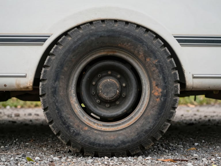 A worn, cracked caravan tire with dry rot visible in the tread gaps, parked on a gravel driveway under overcast sky.