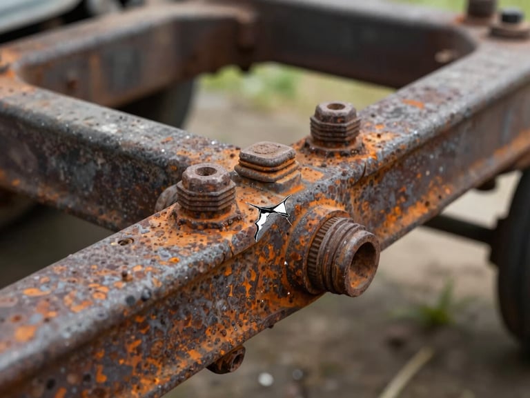 Close-up of rusted chassis bolts and a hairline fracture on an old caravan frame, raw metal texture, natural daylight.