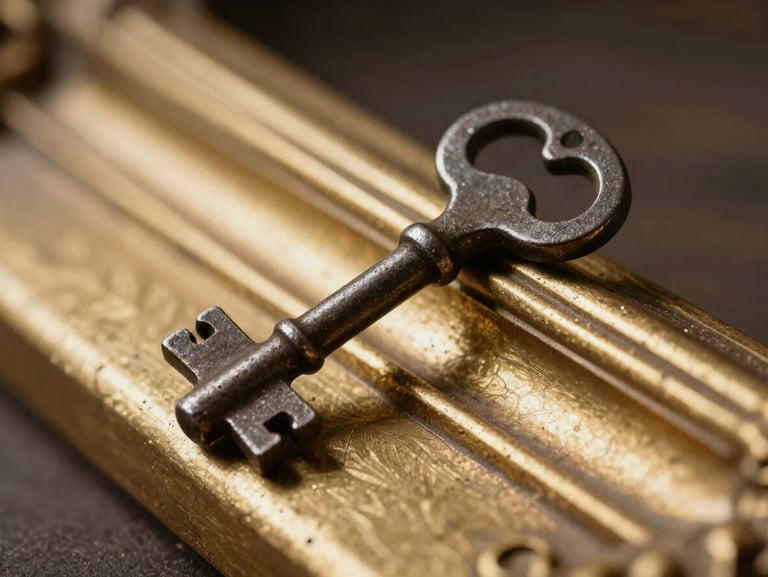 Extreme close-up of a heavy, ancient iron key resting on an ornate gilded molding, soft low-key side lighting emphasizing metallic textures.