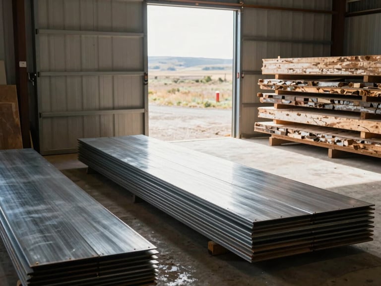 High-contrast natural light streaming through a wide barn door onto stacks of weathered Wyoming timber and cold-rolled steel sheets on a concrete workshop floor, quiet atmosphere.