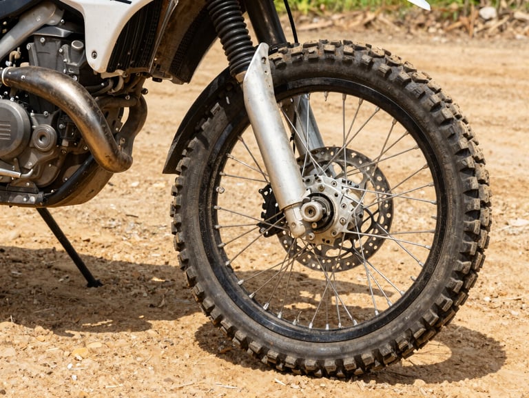 Close-up of a dusty Yamaha motorcycle tire and engine suspension on a rugged dirt road in Guaviare, high contrast.