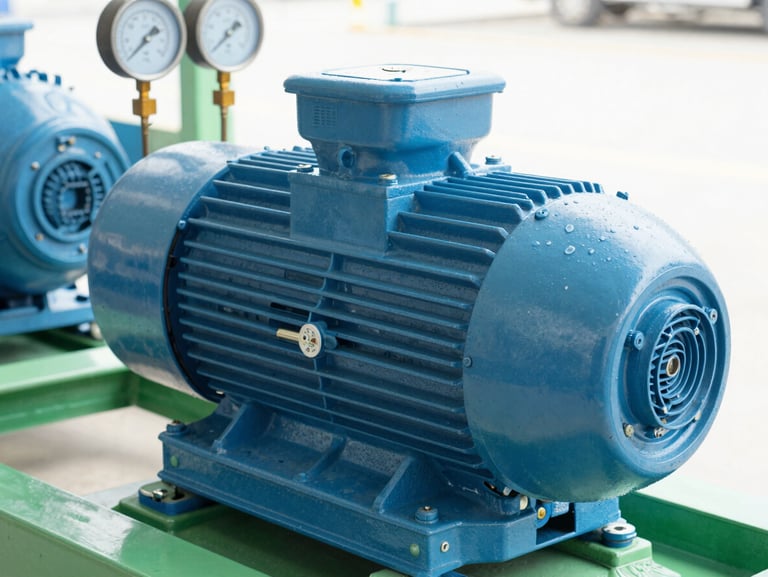 Close-up of a modern industrial water pump motor, clean steel surfaces, pressure gauges visible, bright daylight