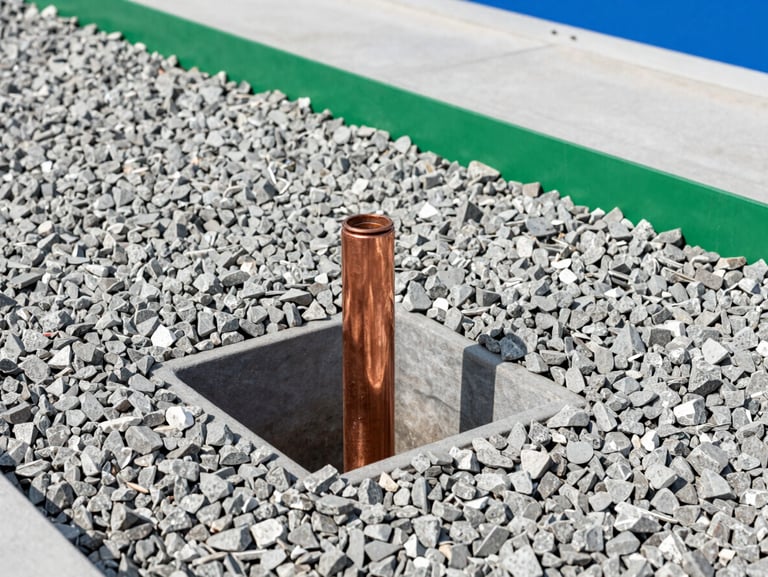 Technical view of a copper grounding well installation, clean gravel border, industrial setting, bright natural light, crisp focus
