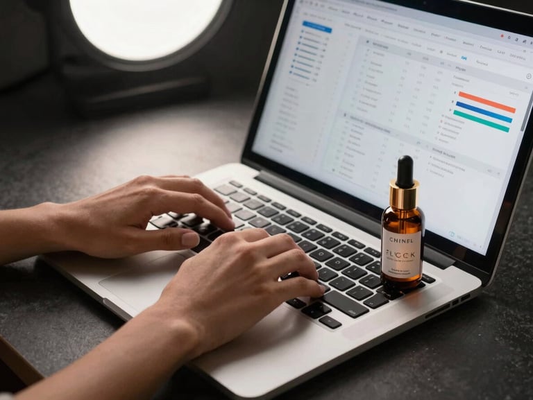 Close-up of hands typing on a laptop keyboard with an e-commerce analytics dashboard visible on screen, controlled studio light from above, a luxury skincare product bottle placed beside the keyboard on a matte dark surface