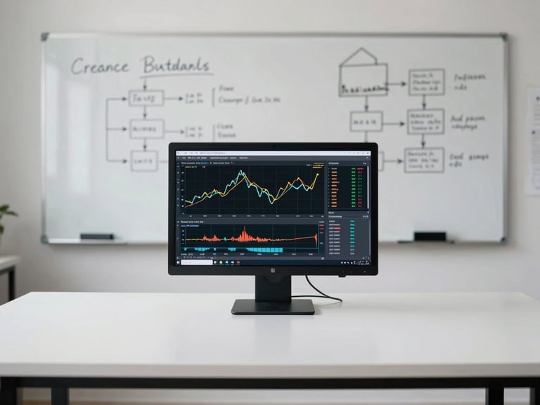 Wide environmental shot of a minimalist desk with a single monitor showing performance metric charts, a clean whiteboard visible in the background with framework notes, north-facing daylight, no people visible — evidence of ongoing analytical work