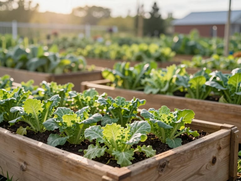 A vibrant community garden built by local volunteers, wooden planter boxes filled with green leafy vegetables, soft morning sunlight, natural depth of field