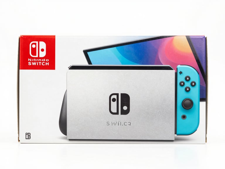 A brand new Nintendo Switch console in its packaging, clean high-key studio lighting, white background