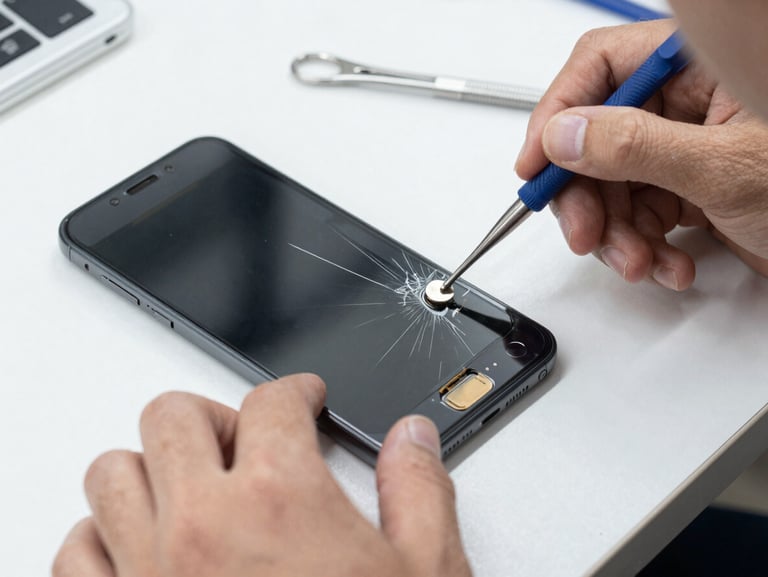 Close-up of a technician carefully replacing a cracked mobile phone screen on a clean white work table, bright natural daylight, professional repair tools