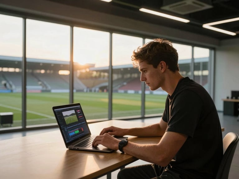 Wide shot of a sports creator reviewing footage on a laptop in a professional studio space, stadium training pitch visible through large glass windows behind, late afternoon golden light cutting across the editing desk, hands resting on keyboard mid-review, focused and calm — cinematic medium shot, no posed smiling