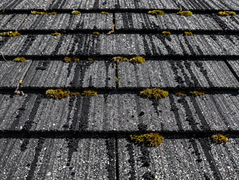 Close-up of weathered asphalt shingles covered in dark black algae streaks and green moss patches under bright daylight.