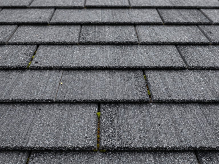 Identical close-up of pristine, clean asphalt shingles, completely free of black streaks and moss, showing original slate gray texture.