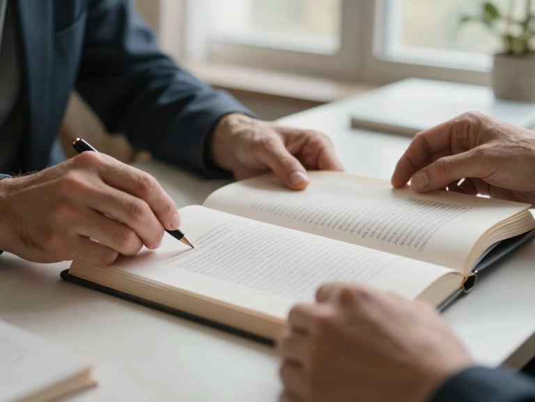 Close-up of an author's hands holding a printed manuscript on a clean desk, natural north-facing window light, a few handwritten margin notes visible, warm and restrained tones