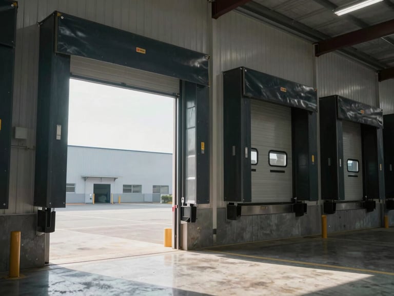 Interior view of a clean commercial warehouse loading dock showing a heavy-duty sectional steel overhead door, bright natural daylight