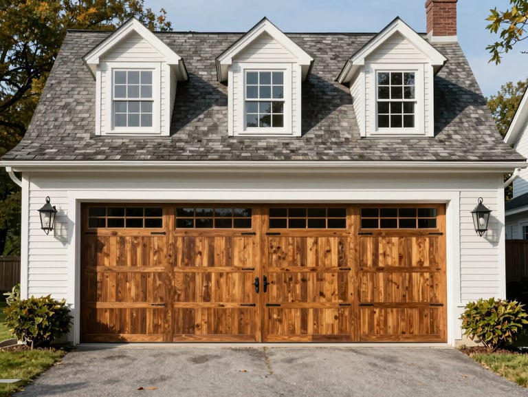 Exterior wide-angle shot of a classic New England home in West Simsbury with a newly installed carriage-style wooden garage door, bright daylight