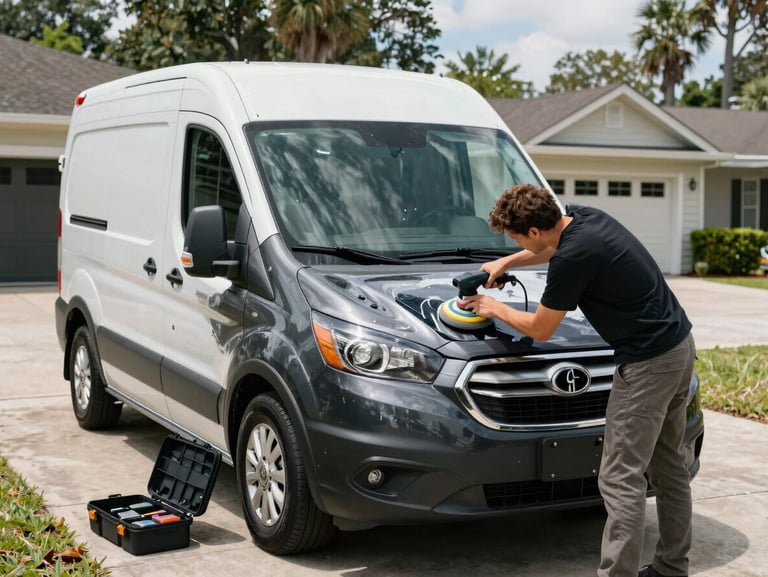 Wide shot of a mobile detailing van parked in a residential driveway in Gainesville, Florida, bright daylight, technician applying polish to a dark sedan hood with a dual-action polisher, equipment case open beside the vehicle