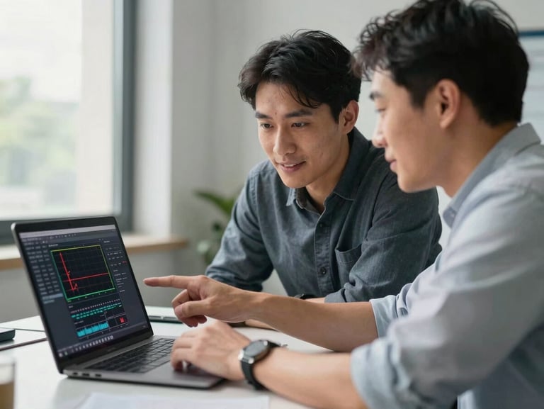 Medium environmental shot of two engineers in a mid-discussion at a desk, one pointing at a laptop screen showing a test dashboard, natural window light from the left, collaborative work context, no posed smiles, candid moment of reviewing test results together