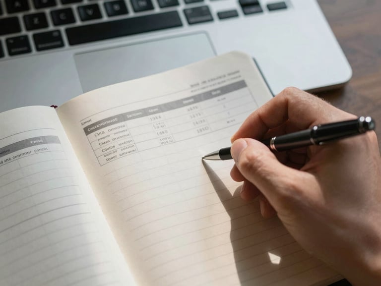 Close-up overhead view of an open notebook on a desk, a hand writing with a pen alongside a printed salary comparison sheet, natural window light casting soft shadows, a laptop keyboard visible at the top edge of the frame.