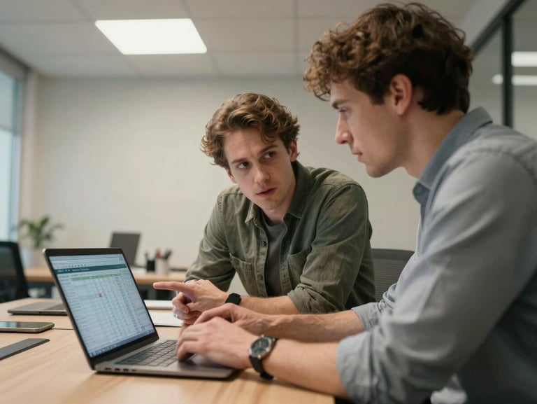 Medium shot of two people in a small office meeting room, one person with a laptop open showing a spreadsheet, the other leaning in to point at the screen — natural overhead office light, both wearing casual professional clothing, candid working posture.