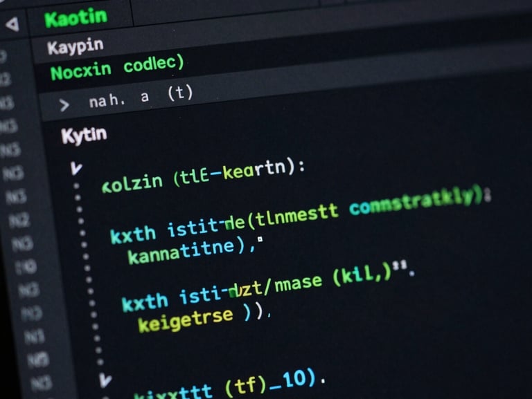 Macro close-up of a dark-mode IDE screen showing clean Kotlin code blocks with syntax highlighting in green and cyan, sharp tech aesthetic