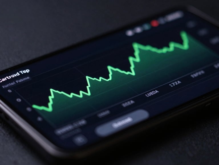 Macro close-up of a high-end Android flagship screen displaying a dark-mode financial dashboard with neon green line charts, sharp UI physics, moody low-key studio lighting, 35mm lens
