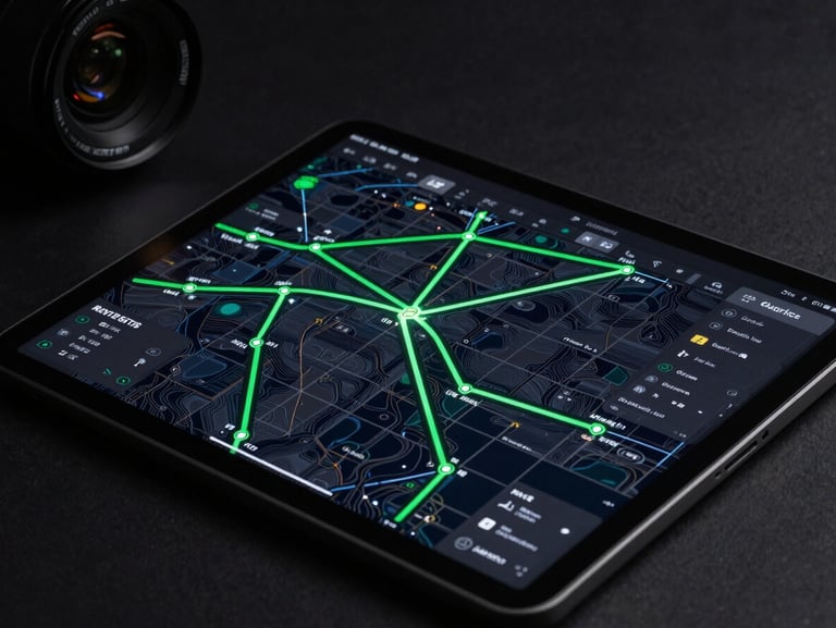 High-angle technical shot of an Android tablet displaying a complex logistics grid map with real-time delivery routes glowing in green, dark studio setting
