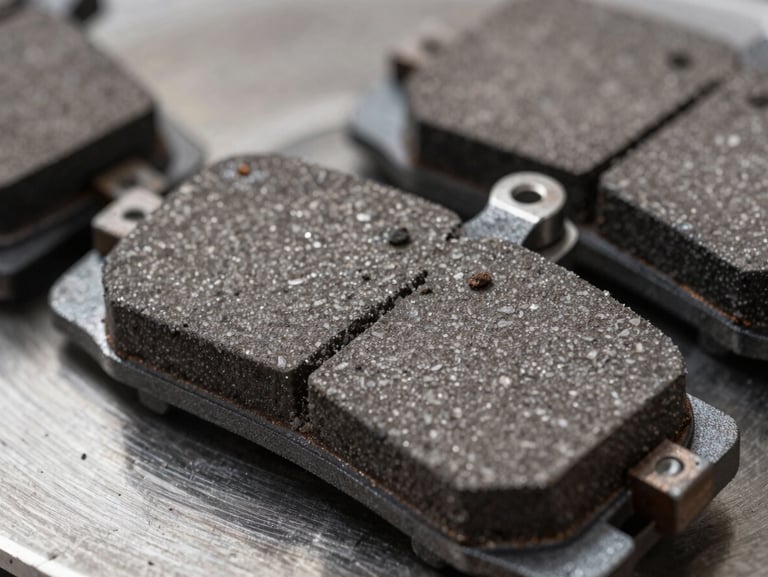 Close-up of heavy-duty semi-metallic brake pads, showing the textured friction material and steel backing plate, crisp side lighting highlighting the grain.