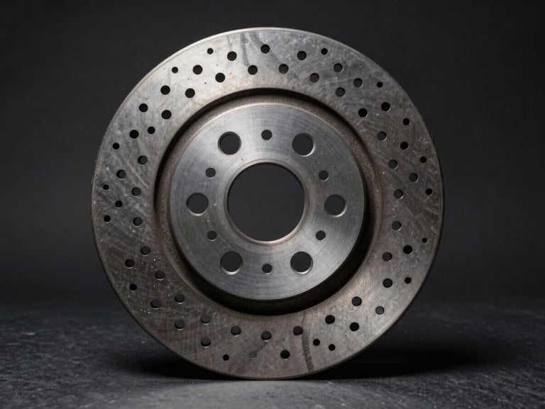 Centered studio photograph of a ventilated carbon-steel brake rotor, highlighting the metallic texture and cross-drilled holes, dramatic chiaroscuro lighting on dark slate.