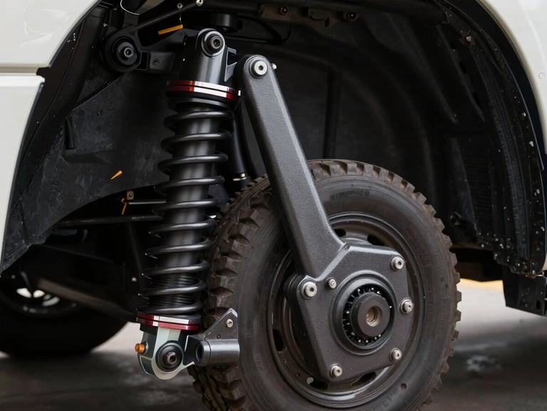 Technical close-up of a heavy vehicle chassis and suspension linkage, showing the steel grain and robust construction under high-contrast industrial lighting.
