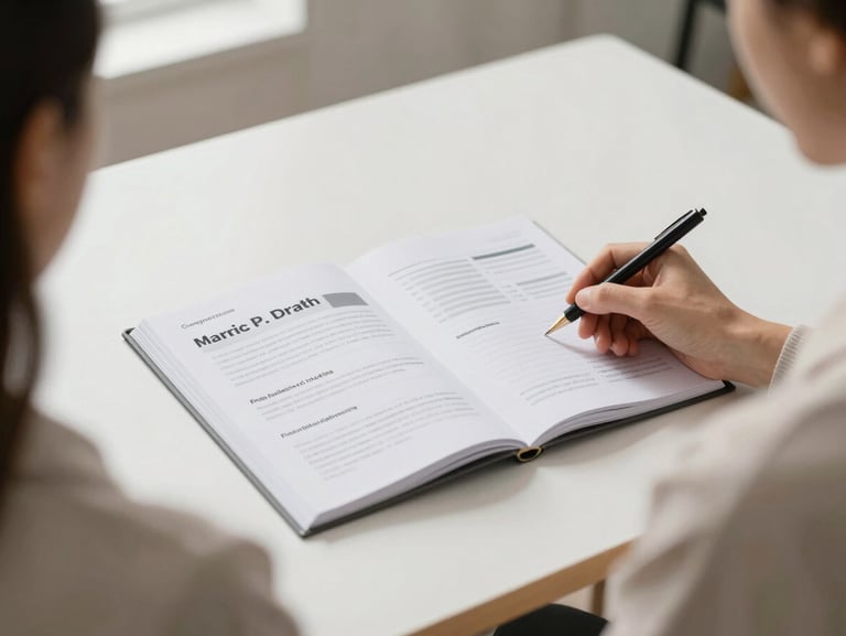 Over-the-shoulder shot of a business owner reviewing a printed custom research playbook on a clean minimalist desk, bright natural daylight, 35mm.