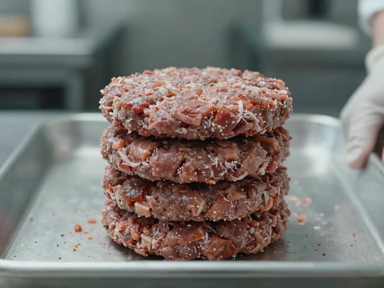 Straight-on close-up of stacked frozen burger patties on a metal tray in a commercial kitchen context, cool neutral daylight, food-safe gloves visible at edge, clean background