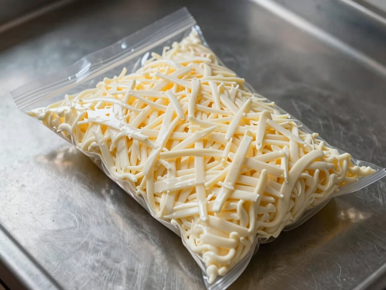 Overhead view of shredded mozzarella cheese in a sealed commercial packaging bag on a stainless steel prep surface, cool daylight, no garnish or styling