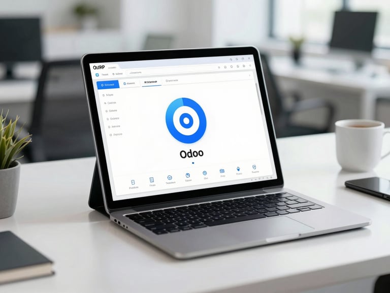 Clean modern office desk with Odoo ERP dashboard on a tablet screen, professional cool tones, 35mm lens
