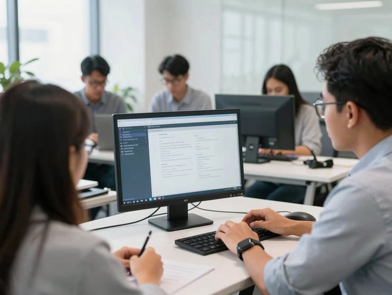 Local Indonesian staff in a bright modern office attending a hands-on software training session, over-the-shoulder shot, professional lighting