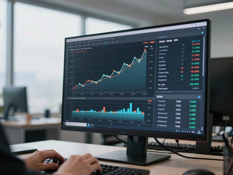 Wide-angle view of a performance dashboard on a large monitor in a clean office environment, overcast daylight from left, upward-trending ROAS and CPA line charts clearly visible on screen, a hand on the keyboard in the foreground, cool neutral tones
