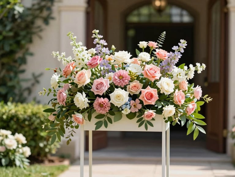A grand wedding flower board standing elegantly at an outdoor garden entrance, vibrant fresh blooms, soft daylight