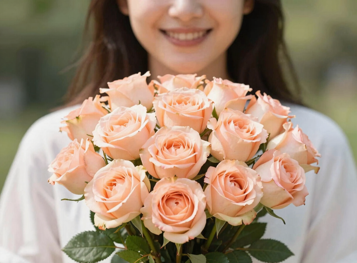Close-up of a smiling woman holding a lush pastel peach rose bouquet, bright natural morning daylight, shallow depth of field